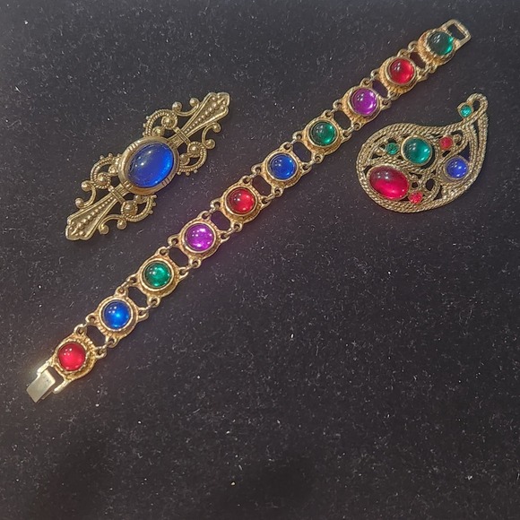 Multicolor Cabochon Jewelry lot Bracelet Brooch Gold Tone vintage - Picture 2 of 16